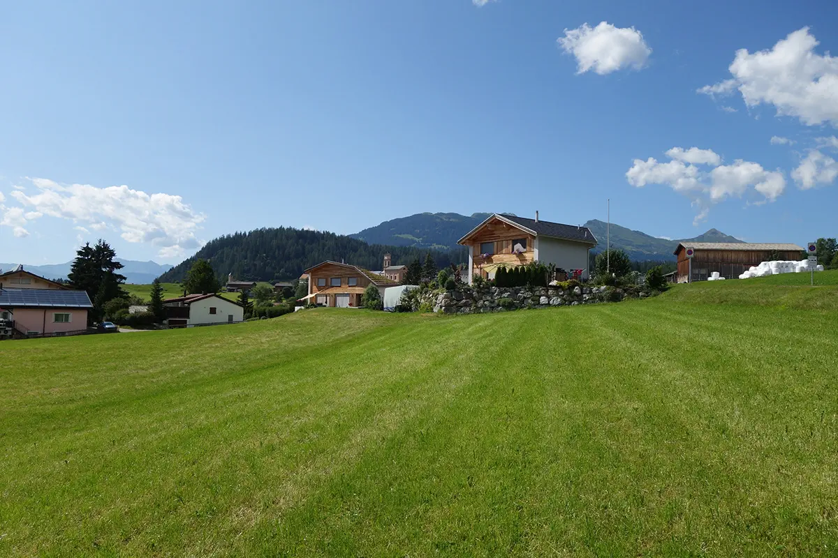 Alpwiese mit Blick auf die Häuser des Quartier La Pala